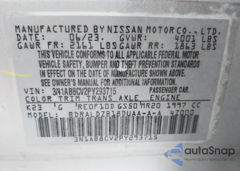 2023 Nissan Sentra Sv Xtronic Cvt z USA, uszkodzony, nr VIN 3N1AB8CV2PY293715